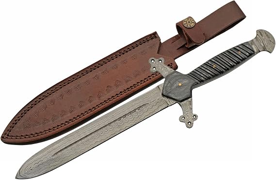 SANZ Damascus 13.25" Wood Handled Steel Short Saber with Leather Sheath for Adults for Training, Costume & Renaissance Festival