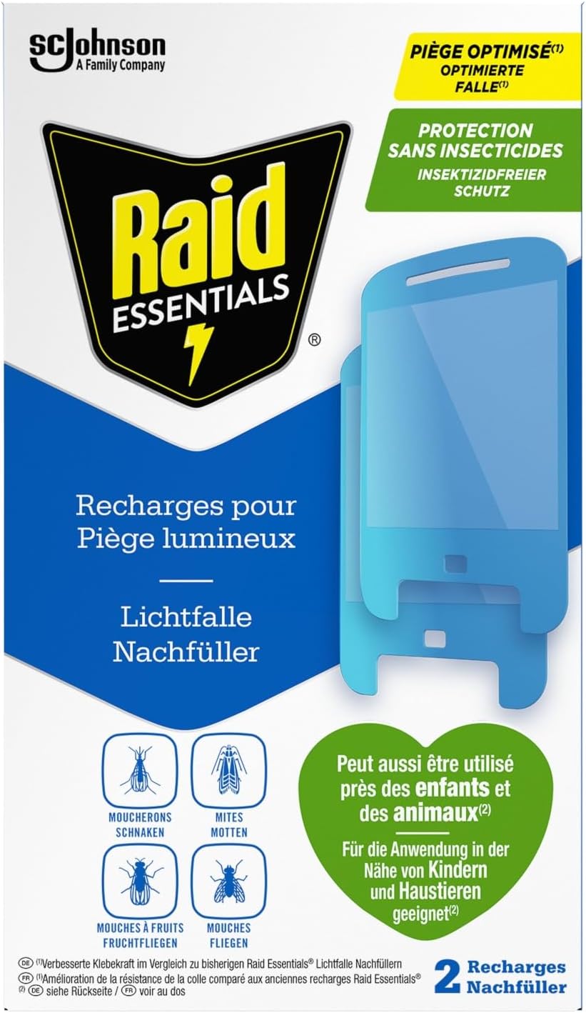 Raid Essentials Light Trap Refill Insect Plug with Adhesive Trap for Fighting Flying Insects such as Moths Fruit Flies and Gnats Pack of 1 2 refills