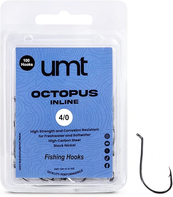 UMT - 100 Pack Octopus Fishing Hooks Sizes 2/0 3/0 4/0 & 5/0 Black Nickel High Carbon Steel - Superior Terminal Tackle for Saltwater and Freshwater