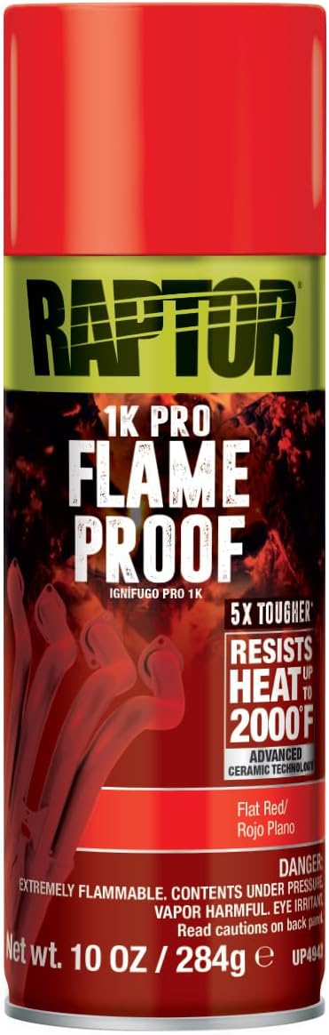 RAPTOR Flameproof Automotive Body Paint, Professional Grade, Extra Tough Protective Spray Paint For High Heat, Flat Red, 10 oz