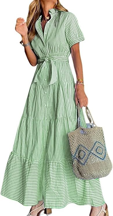 utcoco Womens Casual Short Sleeve Button Down Tie Waist Ruffled Striped Maxi Shirt Dress