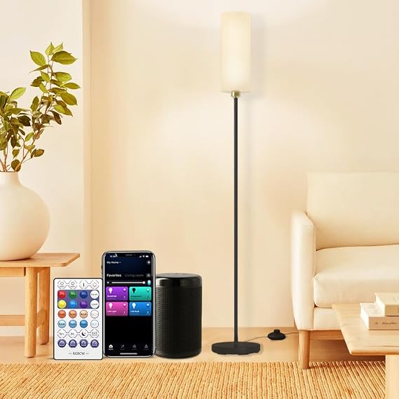 YHW Floor Lamp Works with Alexa & Google 2.4G Remote RGB + Color Temperatures Bright Dimmable Smart LED Lamp, Living Room Standing Tall Pole Modern Black Floor Lamp for Bedroom/Nursery/Office/Corner.