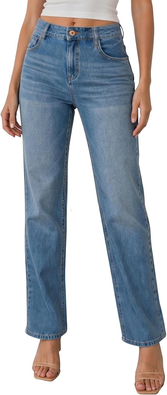 Womens Straight Leg Jeans Mid Waisted Stretchy Denim Pants