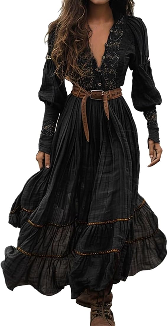 Women's Long Boho Style Dress Summer Dress Long Vintage Rustic Style V-Neck with Floral Pattern Casual Maxi Dress Spring Long Sleeve Flower Dress Summer Western Country Chiffon Dress Maxi Dresses