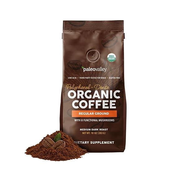 Paleovalley Organic Mushroom Coffee, Low Acid, Polyphenol Rich, Decaf | Ground, Swiss Water Mountain Process, Antioxidant Rich, Arabica Single Origin, Support Immune, Cognitive and Gut Health, 10oz