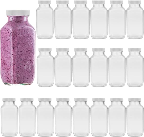 Glass Bottles 12 Ounce,Airtight Glass Beverage Bottles with Lids,Clear Vintage Drinking Bottles 350ml,Juicing Bottles for Storage Tea,Kombucha,Milk,Smoothies,20 Pack
