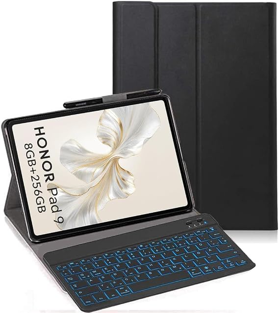 Keyboard Case for Honor Pad 9 Tablet - (QWERTY Layout) 7 Colors Backlit Ultra Slim Flip Wireless Keyboard Stand Case for Honor Pad 9 Tablet 12.1 Inch, Black
