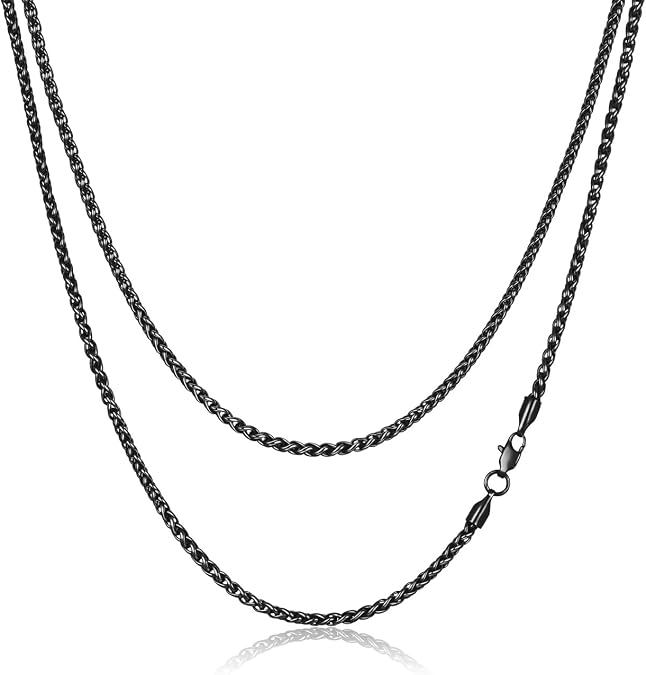 FOSIR Black Stainless Steel Wheat Chain Necklace for Men and Women, 2.5mm/3mm/4mm/5mm Chains for Men, 18-30 Inches
