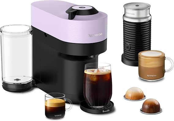 Nespresso Vertuo Pop+ Coffee Machine with Milk Frother, Lilac | Purple coffee and espresso maker by Breville with compact design. Aeroccino3 frother bundle for hot or cold foam drinks.