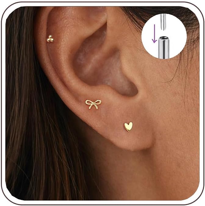 3Pcs 18G/20G Flat Back Stud Earrings, Dainty CZ Nose Stud Small Titanium Threadless Tragus Earrings Tiny Cartilage Earrings for Women Hypoallergenic Labret Lip Helix Conch Piercing Jewelry
