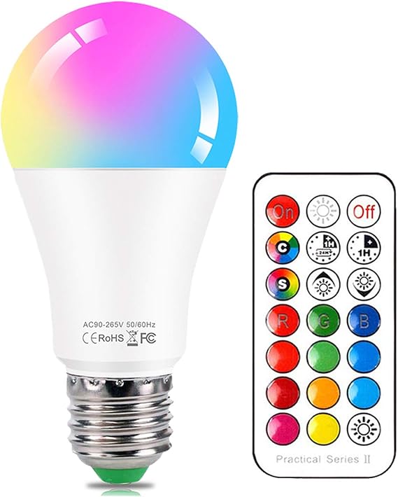 E27 Colour Changing Light Bulb 10W RGBW LED Light Bulbs Mood Lighting with 21key Remote Control,Dual Memory Function,12 Color Choices for Home, Party, Bar, Disco KTV, Stage Effect Lights [Energy Class E]