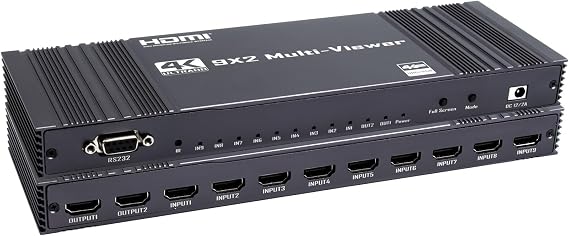 9x2 HDMI Multi-viewer switcher ，Seamless compatible Multiviewer,4K 30Hz HDMI 9 Screen Real Time Multi Viewer Screen Splitter 9 in 2 out Switch Adapter Support RS232