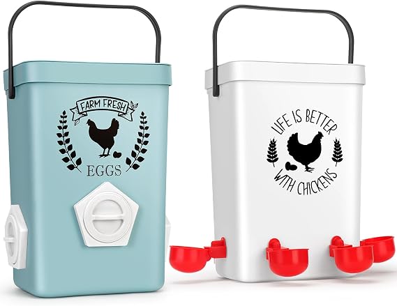 TGEYD Chicken Feeder and Waterer Set, No-Waste Hanging Feeder for Backyard Chickens, 3 Gal Waterer & 15LB Feed Bin