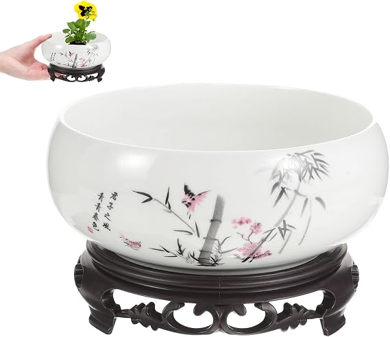 Hydroponic Ceramic Planter Pot with Plastic Base 6.88In Round Flower Pot for Indoor Succulent Plants Home Office Garden Decoration