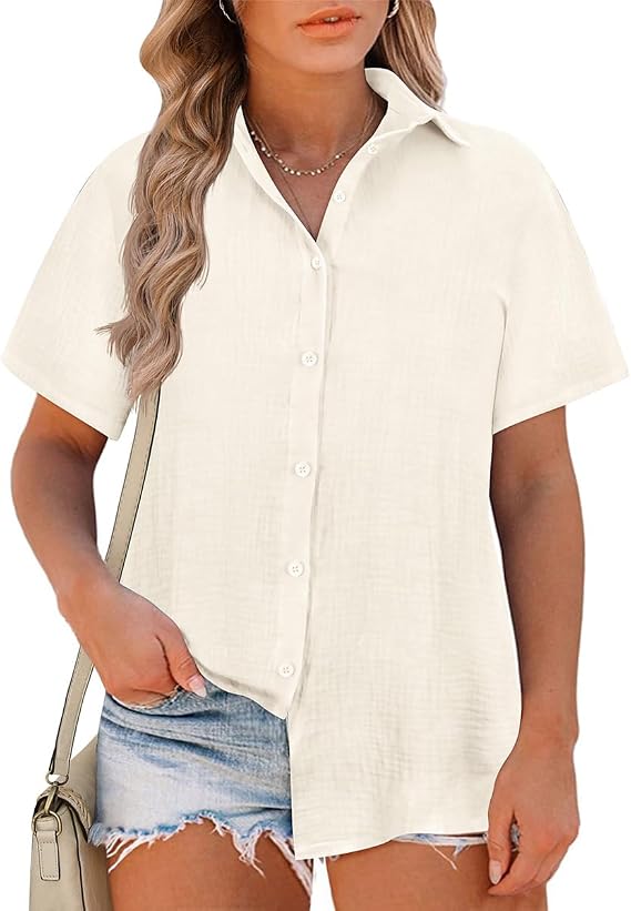 RITERA Womens Plus Size Tops Button Down Roll-Up Cuffed Short Sleeve Casual Shirts Collared Summer Lightweight Blouse XL-5XL