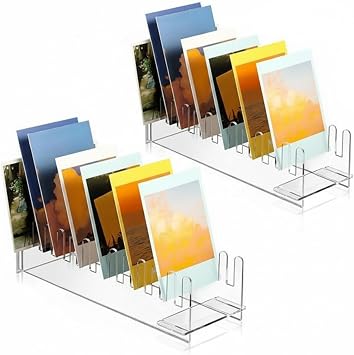 Briwooody 2 Pcs Greeting Card Display Stand Acrylic Greeting Card Display Portable Tabletop Postcard Organizer Multi Purpose Photo Rack for Retail Counter Vendors Craft Fairs Art Show Sticker Clear