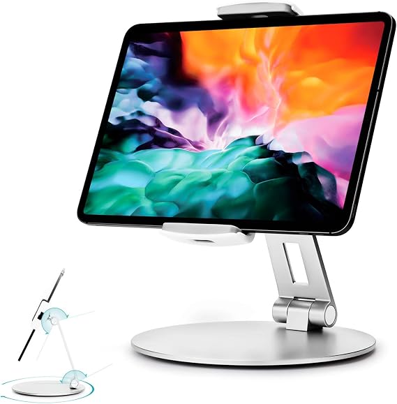 Stouchi Tablet Stand, 360Tablet Swivel Base Holder, Adjustable Desk Mount Desk Stand with Heavy-Duty Base for iPad Pro Air Mini, Kindle, iPhone 4.7-13" Devices Silver