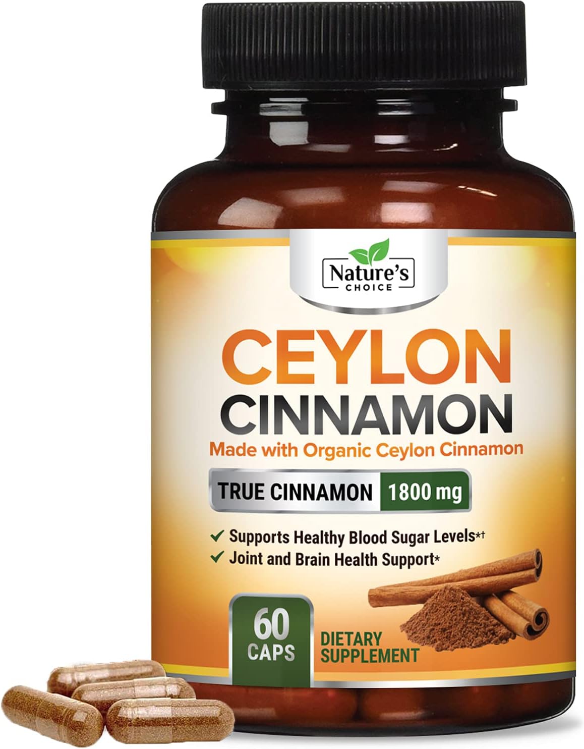 Certified Organic Ceylon Cinnamon Made with Organic Ceylon Cinnamon 1800mg - Organic Sri Lanka Ceylon Cinnamon Powder Caps - Made in USA - Best Vegan Blood Sugar Support Supplement - 60 Capsules