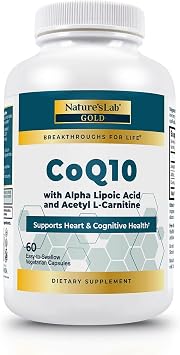 Nature's Lab CoQ10 200mg with Alpha Lipoic Acid & L-Carnitine - High Absorption Heart & Brain Support - Energy & Mitochondrial Function - 60 Capsules Gold