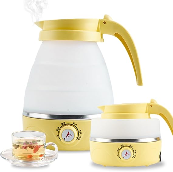 Portable Travel Foldable Electric Kettle Collapsible Food Grade Silicone Mini Water Boiler For Coffee or Tea Fast Water Boiling Pot 6 Modes Adjustable 600ml/20oz (Yellow)