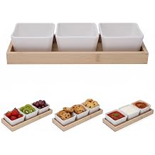 Snack Bowls & Wooden Serving Tray Set - Ceramic Tapas Dishes with Dipping Bowls, Party Serving Trays and Platters, Food Serving Trays for Home Dining Baking Catering Gift
