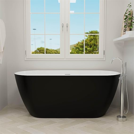 59" Acrylic Freestanding Bathtub, Double Ended Free Standing Tub, Soaking Tub with Integrated Slotted Overflow, Toe-Tap Chrome Drain, cUPC Certified, Matte Black