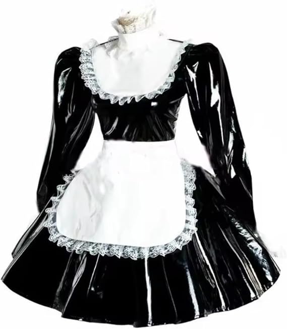 Puff Long Sleeve Mini Dress Women Bowknot Apron Dress PVC Maid Cosplay Halloween Costume