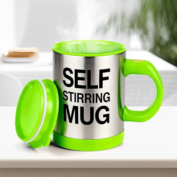 Self Stirring Coffee Mug, Stainless Steel Electric Coffee Mug with Lid 450ml for Coffee Tea Hot Chocolate Milk and Cocoa (Green, Batteries Not Included)