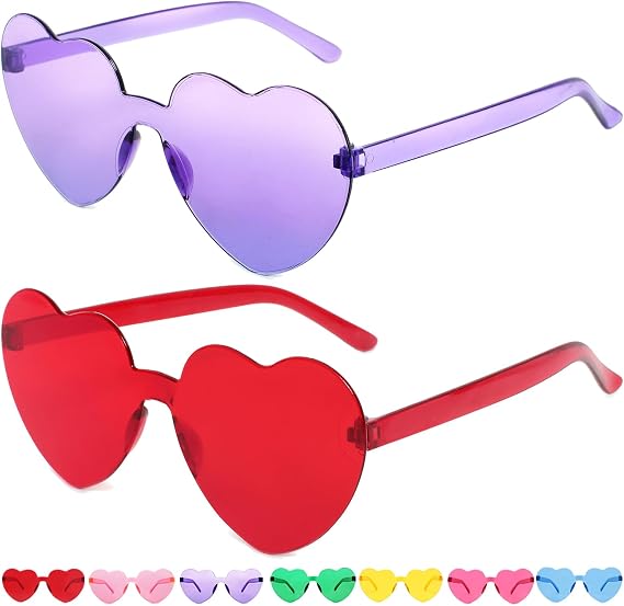 2 Pairs Heart Sunglasses Valentines Heart Shaped Sunglasses for Women Trendy Rimless Glasses Colorful Rave Party Favors