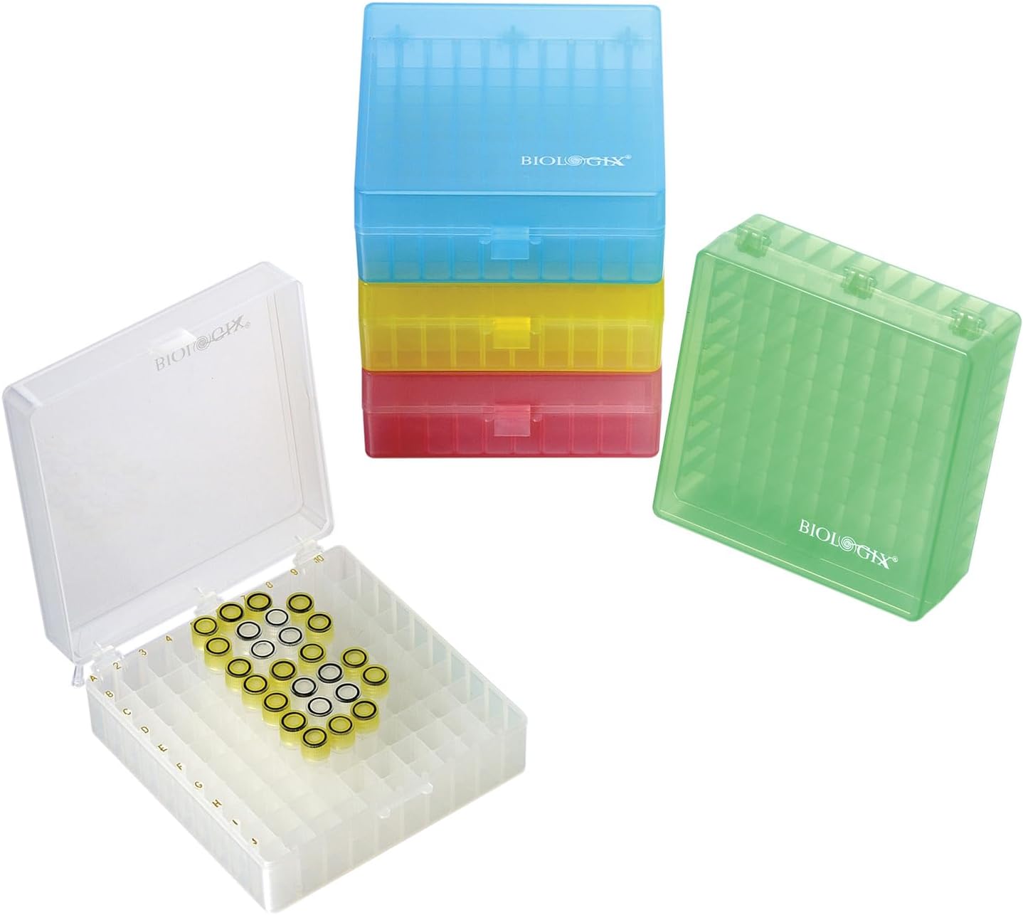 2 in 100-Well Polypropylene Freezer Boxes for Lab Efficient Sample Storage and Retrieval, Assorted Colors Freezer Lab Box with Hinged lid, 5 Pcs/Pack