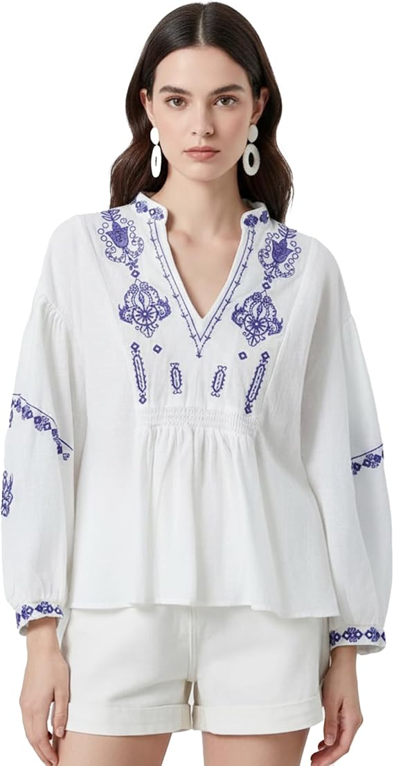 Womens Embroidered Shirt Long Sleeve Peasant Blouse Lantern Sleeve Boho Tops V Neck Loose Lightweight Casual Tunic