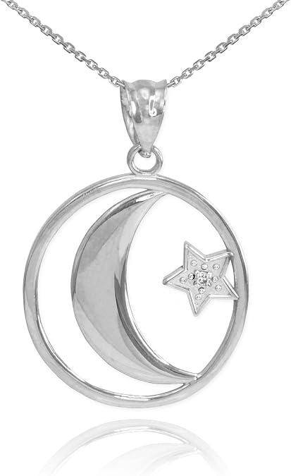 Middle Eastern Jewelry Fine 925 Sterling Silver CZ-Accented Islamic Charm Crescent Moon and Star Pendant Necklace