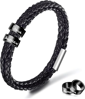Men Bracelets with Names Gifts for Dad from Son Daughter, Stainless Steel Handmade Dad Bracelets Personalized Black Beads Bracelets Custom Father Dad Gift for Grandpa, Husband