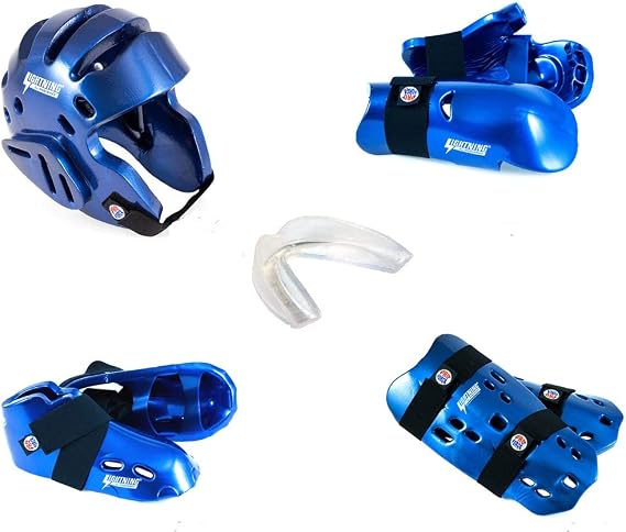 Lightning 8 Piece Deluxe Gear Set w/Shin Guards & Free Mouthpiece (Silver, Small)