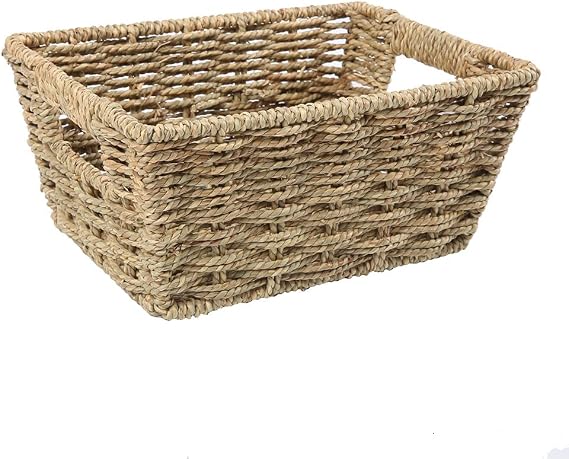 Small Seagrass Storage Basket, Natural Rectangular Decorative Home Organizer Bins with Both-side Handles for Farmhouse, Bathroom, Bedroom.