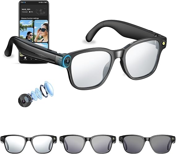 AI Smart Camera Glasses, 4K HD Anti-Shake Video Record,GPT Vision,AI Voice Control,Dual Clear BT Call&Translate,UV/Blue Light for Travel Meeting (Auto-Dimming+Full-Rime Lens)