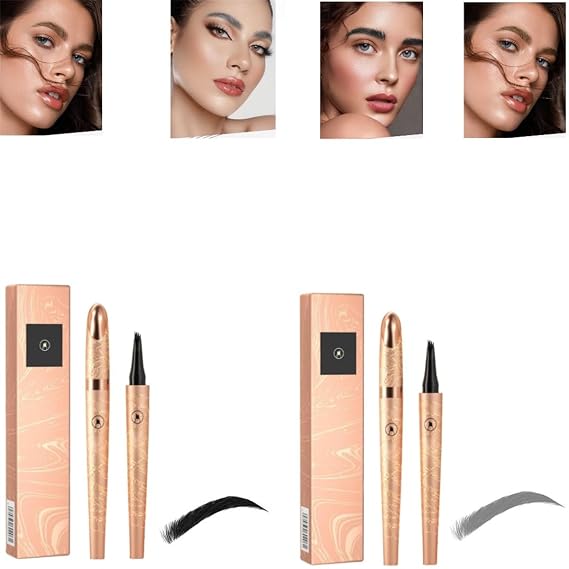 Magic Eyebrow Pencil,3D Waterproof Microblading Eyebrow Pen, 4 Fork Tip Tattoo Pencil, Natural Makeup Fine Stroke Eyebrow Pencil Dark Brown Black Eye Brow Shaper Pencil (Black+Gray)
