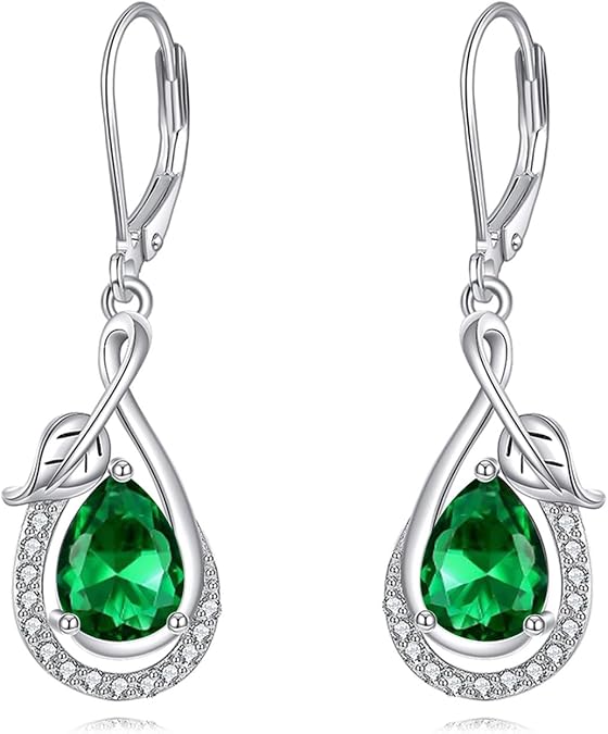 925 Sterling Silver Teardrop Gemstone Earrings Created Birthstone Dangle Drop Earrings Infinity Leaf Leverback Earring Birthday Christmas Jewelry Gifts for Women