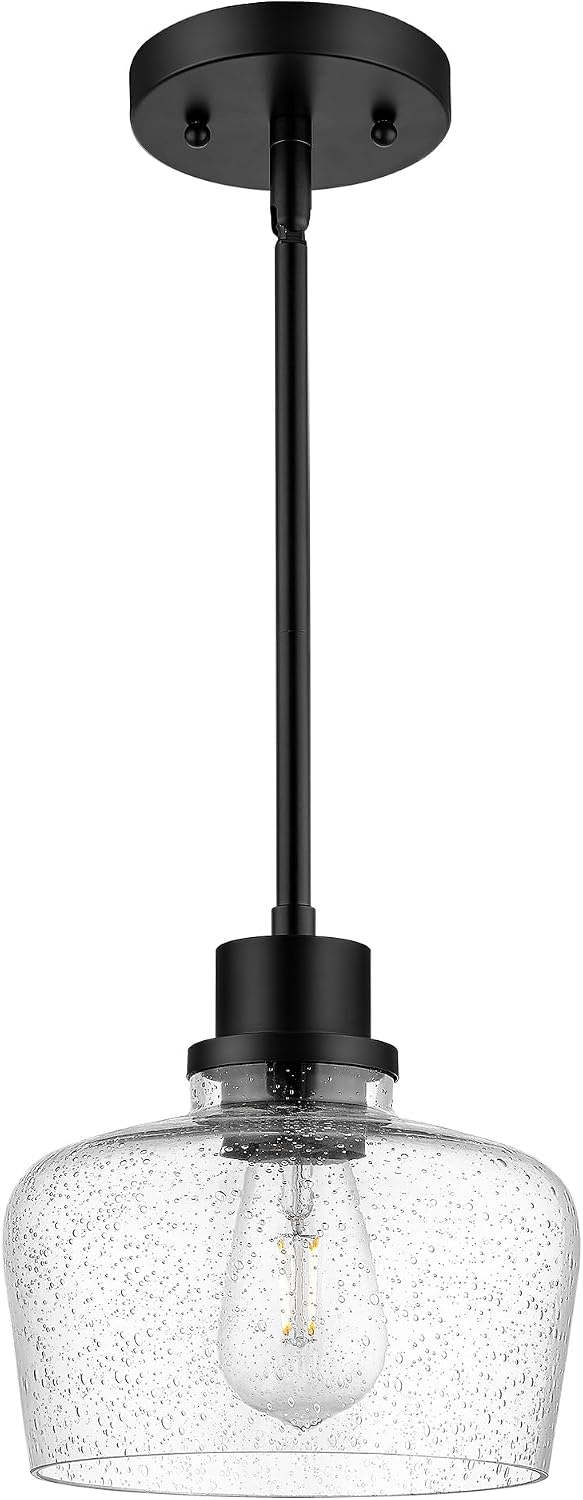 Emak Modern Farmhouse Pendant Lights Kitchen Island, Black Pendant Light Fixtures with Seeded Glass Shade, 8 Inch Hanging Lights for Kitchen Island, Bathroom, Bedroom, PL122-BK