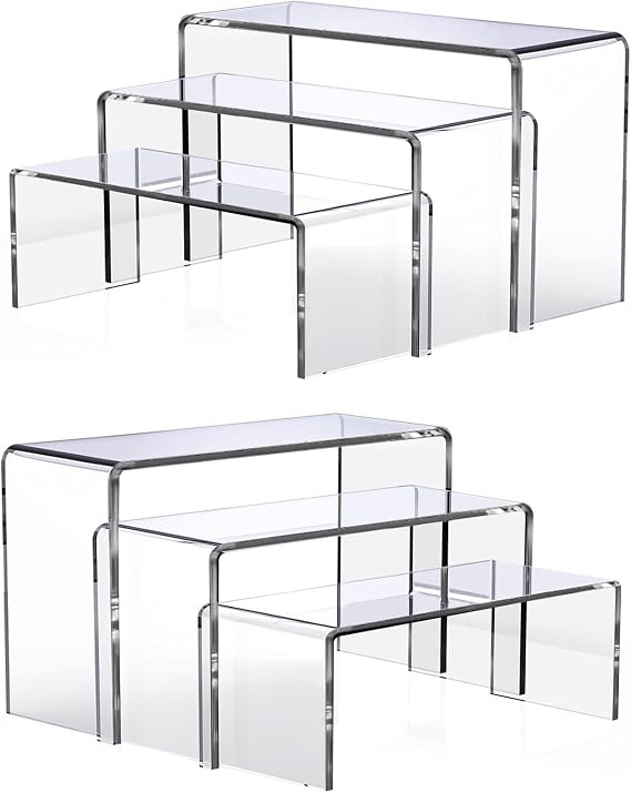 Acrylic Display Risers, 6Pcs 3-Tier Clear Rectangular Stand ﻿ ﻿ | tiered shelves, cupcake dessert platform, product risers, clear rectangular show stands, jewelry collectible display