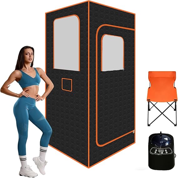Portable Steam Sauna for Home, 1-2 Person Tent with Light Strip, Dual Steamers & Chairs, Indoor Full Body Spa Box for Detox Relaxation, Remote Control, Foldable Chair (Standard, Single)