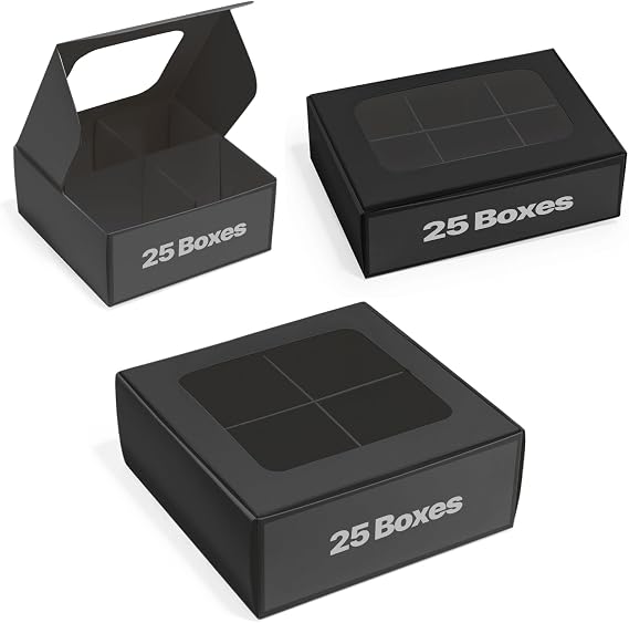 Mini Truffle Boxes - Black | VERY SMALL Treats - Window and Dividers | 5 x 3.5 x 1.57 Inches PLUS 3.5 x 3.5 x 1.57 Inches PLUS Small Cookie Boxes 6 x 6 x 2.4 Inches | Pack of 25 BUNDLE