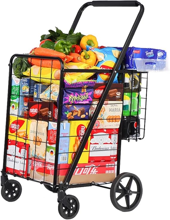 Shopping Carts for Groceries with 360Rolling Swivel Wheels Utility Cart, Double Basket Design, Holds up to 115L/200Ibs,Foldable and Easy to Carry, Saving Space,Grocery Cart on Wheels