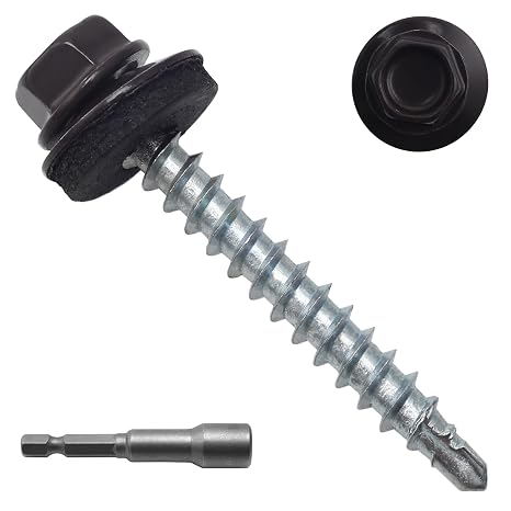 250PCS #10 x 1-1/2" Brown Hex Head Self-Drilling Metal Roofing Screws | EPDM Washer Stops Leaks, No Pre-Drill Needed, Rustproof, Hex Bit Included, for Metal or Wood