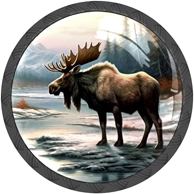4 Pack Drawer Knobs Pulls Moose Winter River Crystal Glass Round Cabinet Knobs Pulls Handles for Cabinets Dressers Kitchen Bathroom Cupboards Wardrobes Hardware Furniture Knobs