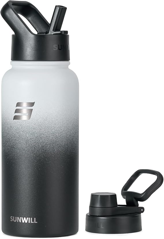 SUNWILL Metal Water Bottle 1l Stainless Steel, Insulated Leakproof Thermal Flask with Straw and 2 Lids for Cold and Hot Drink, Running, Sports, Gym, Travel, Gradiant Black White
