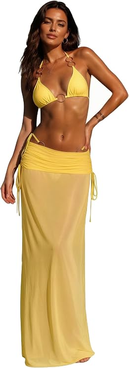 EDOLYNSA 3 Piece Bikini Sets for Women Sexy Triangle Swimsuit O-Ring Bathing Suit Cover Up Long Skirt Beachwear Resort Outfit