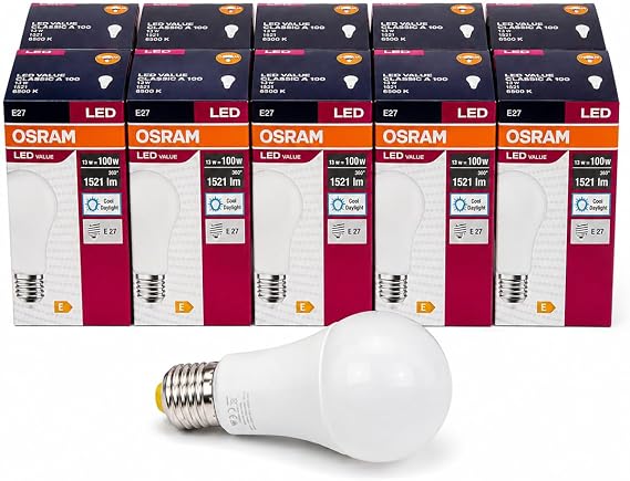 OSRAM LED Value Classic A100 E27 LED Ampul 13W 1521 Lümen 100W Eşdeğeri Uzun Ömürlü Enerji Tasarruflu Ampul 10'lu Paket (Beyaz Işık) [Enerji Sınıfı E]