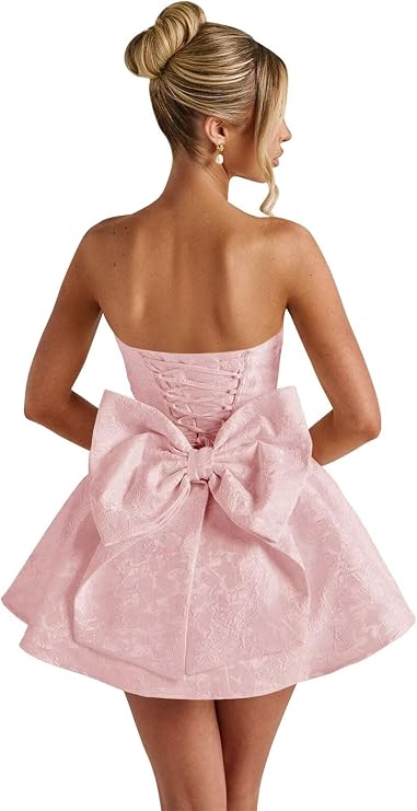 Basgute Floral Jacquard Satin Short Homecoming Dresses for Teens A Line Strapless Formal Prom Evening Gown with Bow