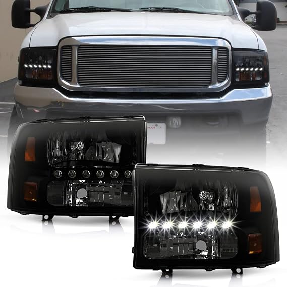 ACANII - For Blk Smoke 1999-2004 Ford F250/F350/F450 Superduty 00-04 Excursion LED Headlights Driver + Passenger Side